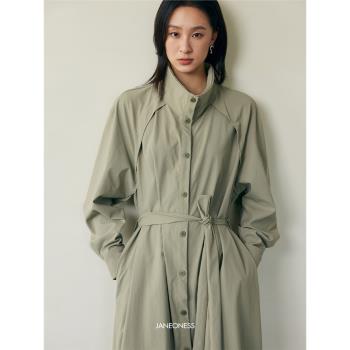 JANEONESS 軍綠立領垂感風衣秋季寬松休閑長袖廓形顯瘦外套