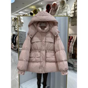 2024新款冬季羽絨服女短款收腰連帽加厚時尚小個子白鴨絨保暖外套
