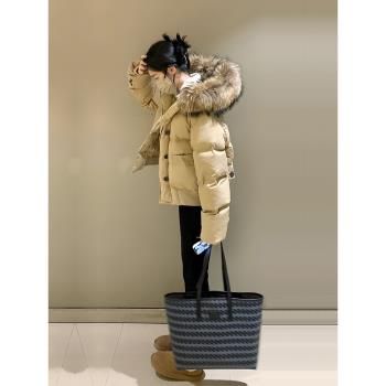 卡其色短款棉服女冬季2024新款棉衣大毛領工裝派克服韓版連帽外套