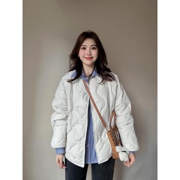 無領輕薄羽絨服女冬季2024年新款90白鴨絨水波紋菱格保暖白色外套