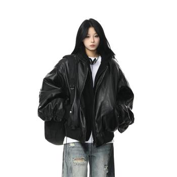 野生阿子美式街頭潮牌重磅高階感黑色皮衣棉服外套男女冬季加厚潮
