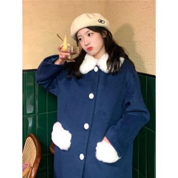 學院風藍色呢子大衣女冬季白色毛絨絨高階感少女長款加厚毛呢外套