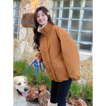 羊羔毛領橘色派克羽絨服女冬季2024新款韓系設計感白鴨絨工裝外套