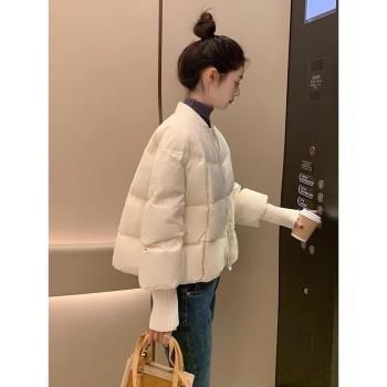 2025冬季新款女士白色短款棒球領棉服小個子時尚保暖棉衣棉襖外套