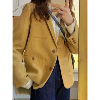 黃色西裝毛呢外套女冬季大碼胖mm寬松美拉德復古高級流行呢子大衣