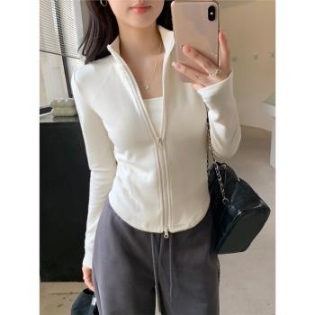 德絨加厚立領雙拉鏈開衫小外套女秋冬季加絨保暖半高領打底衫上衣