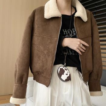 焦糖色羊羔毛外套女2024冬季新款高階感美拉德復古加厚麂皮絨夾克