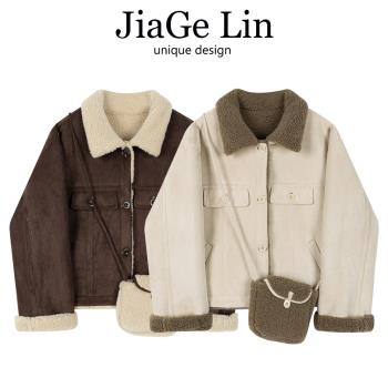 JiaGeLin短款翻領鹿皮絨皮毛一體外套女冬季高階感加厚夾克機車服