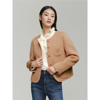 素箋紅袖商場同款雙面呢短款大衣2024冬季新款保暖毛呢外套女
