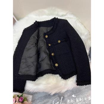 歐貨黑色細閃小香風羽絨服女冬季加厚2024新款氣質顯瘦羊毛短外套