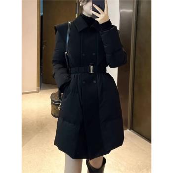 歐貨氣質黑色中長款拼接絨羽絨服女2024冬季加厚收腰保暖棉服外套