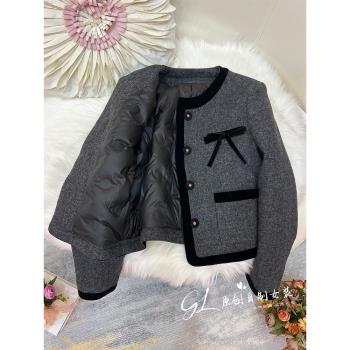 高階灰羊毛呢小香風羽絨服女冬季2024年新款氣質顯瘦絲絨拼接外套