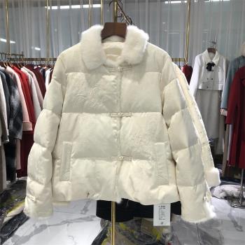新中式國風刺繡水貂毛羽絨服女2024冬時尚顯瘦氣質白鴨絨外套8098
