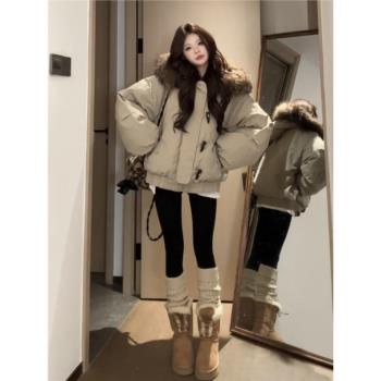 大貉子毛領羽絨棉服女冬季新款小個子寬松加厚保暖牛角扣連帽外套