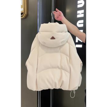 白色連帽單排扣抽繩棉服外套女冬季加厚保暖高階感外搭麵包服上衣