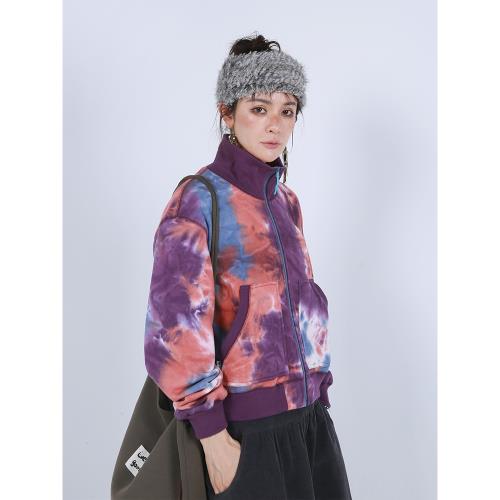 嬉游記原創2024新款小高領扎染開衫衛衣女休閑顯瘦棉質棒球服外套