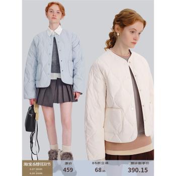 DESIGNER PLUS 短款輕薄菱格羽絨服女2024冬季韓版小香風無領外套