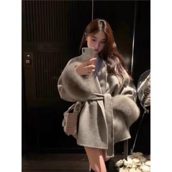 可拆卸狐貍毛系帶雙面羊絨羊毛大衣女2024冬裝新款小個子毛呢外套