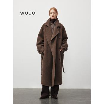 WUUO黑色大衣女高級感2025新款春季純羊毛加厚雙面呢棕色毛呢外套