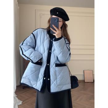 張澀澀 2024冬季新款 藍色菱格紋拼接絲絨小香風羽絨服女短款外套