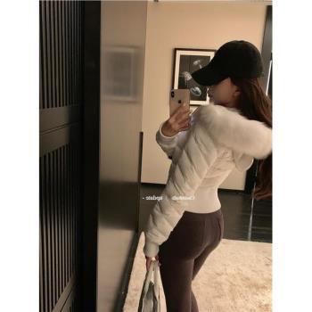高階鴨絨大毛領短款羽絨服女收腰設計感小眾輕薄保暖連帽外套冬季