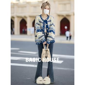 Basic House/百家好小香風拼色針織開衫女秋冬海洋星重工毛衣外套