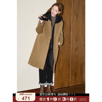 庫恩瑪維韓版加厚綿羊毛毛呢外套女裝2024年冬季新款拼接連帽大衣