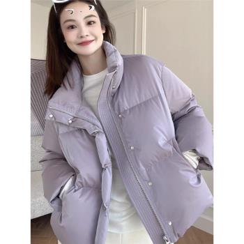 淺紫色短款羽絨服立領外套女2023年冬季高階感小個子加厚麵包上衣