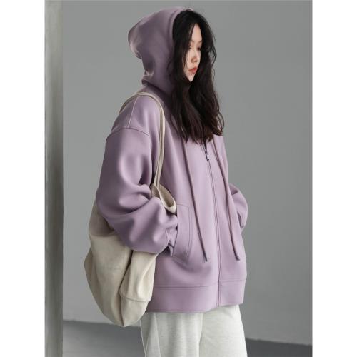 CV大碼女裝重工藝寬松休閑連帽廓形衛衣開衫外套中長款秋季胖mm