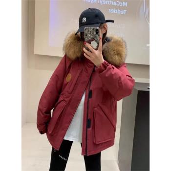 白鴨絨真毛領羽絨服女寬松冬季新款情侶派克服戶外加厚工裝外套暖