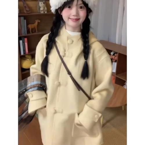 奶黃色連帽高級感中長款毛呢外套女春季韓系寬松小個子學院風大衣