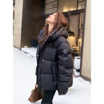 爆款黑色鵝絨羽絨服女冬短款2024新款小個子韓系麵包服加厚外套襖