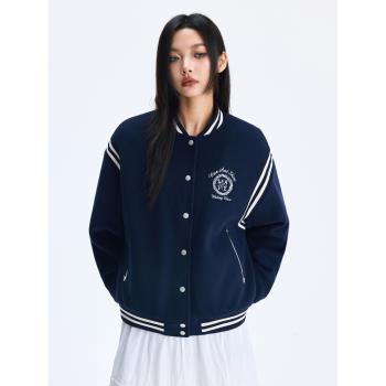 WaitingWave2024秋冬新款美式復古學院風拼接棒球服外套加棉夾克