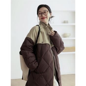 拼色中長款羽絨服女冬季2024新款立領設計感拼接加厚保暖氣質外套