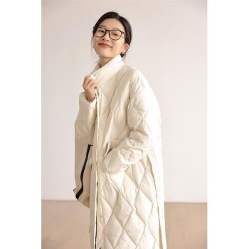 菱格白鴨絨中長款羽絨服女2024年新款設計感冬季加厚保暖外套大衣