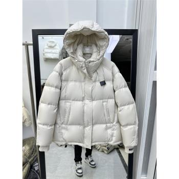歐貨羽絨服女短款2024新款連帽單飄帶韓版加厚麵包服冬季保暖外套