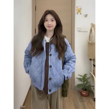 美式復古格紋拼接雙面穿翻領外套女秋冬季學院風寬松休閑保暖棉服