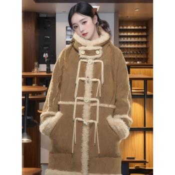 冬皮毛一體環保羊羔毛大衣女中長款牛角扣麂皮絨加厚毛毛棉服外套