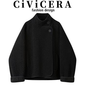 CIVICERA慵懶風寬松皮毛一體短外套女秋冬設計感小個子羊羔毛上衣