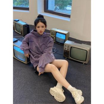 美式復古連帽紫色加絨加厚衛衣
