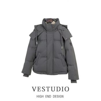 品牌折扣冬季時尚百搭麵包服設計感大碼寬松保暖加厚連帽棉外套女