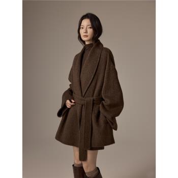 高階感短款小個子雙面羊絨大衣女2024年冬季新款寬松氣質羊毛外套