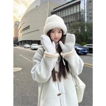 皮毛一體連帽麂皮絨外套女裝2024冬季新款加絨加厚中長款長袖上衣