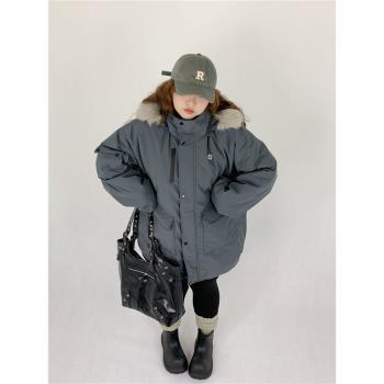 Milu家大碼女裝冬季BF風大毛領工裝派克羽絨服寬松加厚棉服外套潮