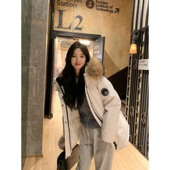 2024冬季新款90白鵝絨工裝派克羽絨服女貉子毛皮草大毛領連帽外套