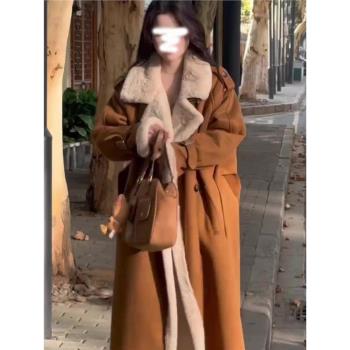法式英倫風高階感卡其色皮毛一體加厚長款外套別致氣質羊羔毛上衣