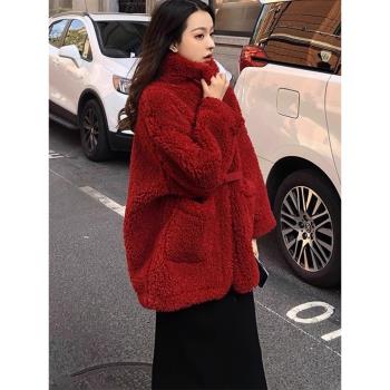 今年流行立領紅色小香風羊羔毛絨中長款加絨加厚搖粒絨外套女冬季