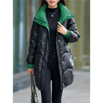 媽媽裝免洗羽絨服女2023冬季新款中長款顯瘦大碼胖mm保暖皮衣外套