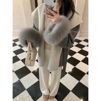 美學大衣/可拆卸袖口狐貍毛雙面呢羊絨呢子大衣連帽毛呢外套女冬