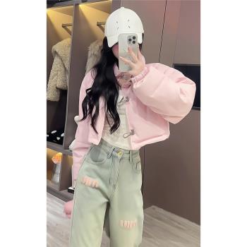 粉色短款羽絨棉服女2024年冬季新款韓版休閑時尚寬松百搭保暖外套
